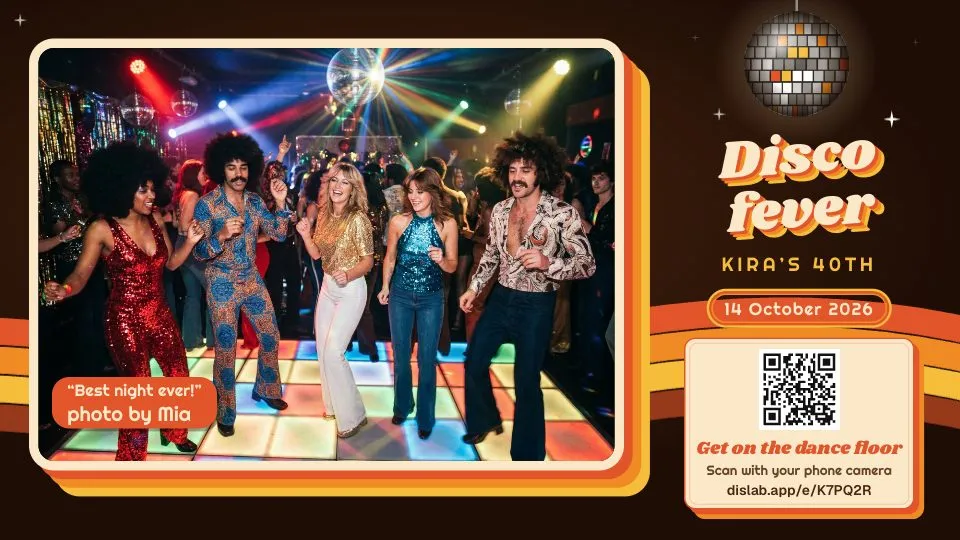 A photo wall in the look of the 70s disco