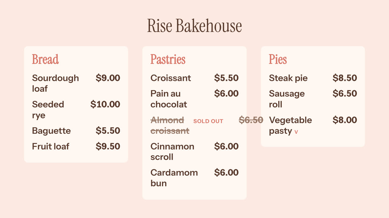 Bakery menu