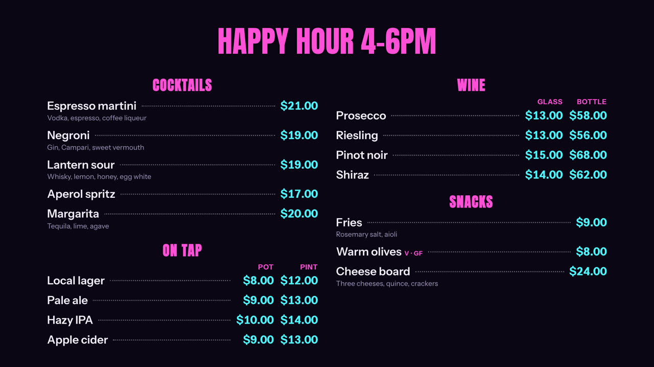 Neon drinks list