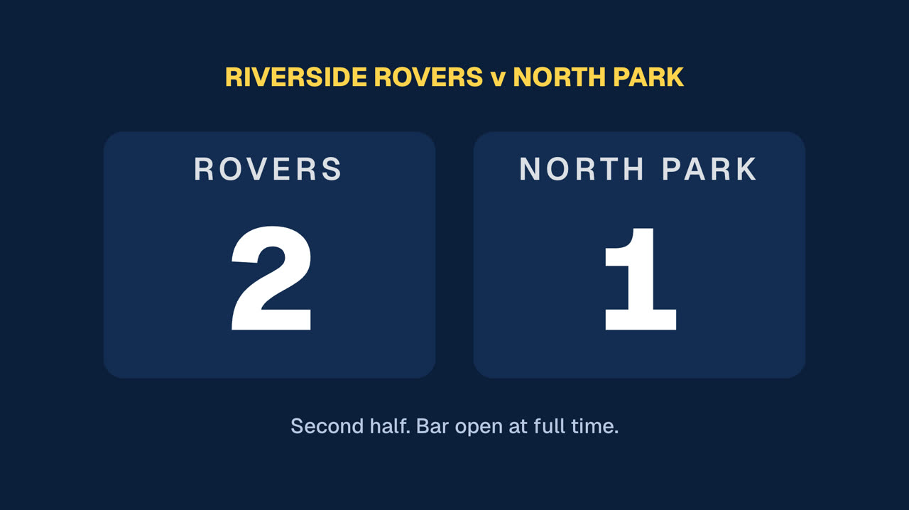 A clubroom screen: Riverside Rovers 2, North Park 1