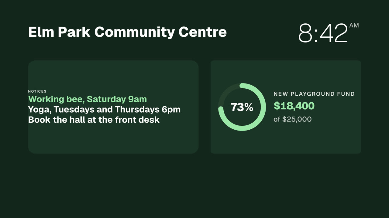 A community centre notice screen with notices and a playground fund goal ring