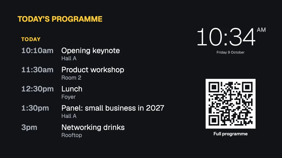 Today’s programme from a calendar link, with the time and a QR code for the full programme
