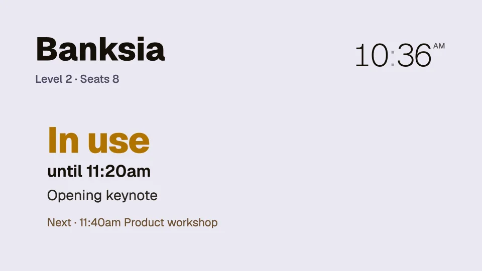 A breakout room board: In use until 11:20am, Opening keynote, next a product workshop