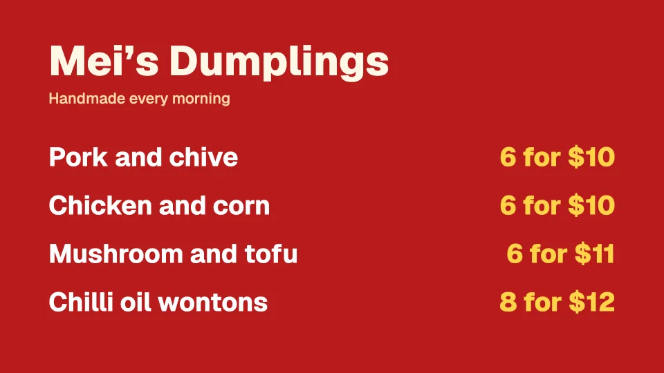 A dumpling stall’s price board