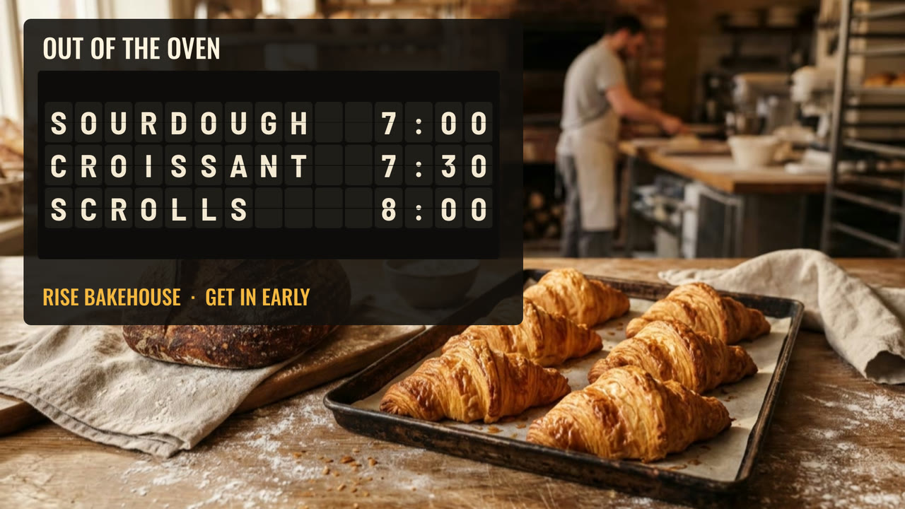 A bakery sign: a split-flap board over a photo of fresh bread, sourdough at 7:00, croissants at 7:30, scrolls at 8:00