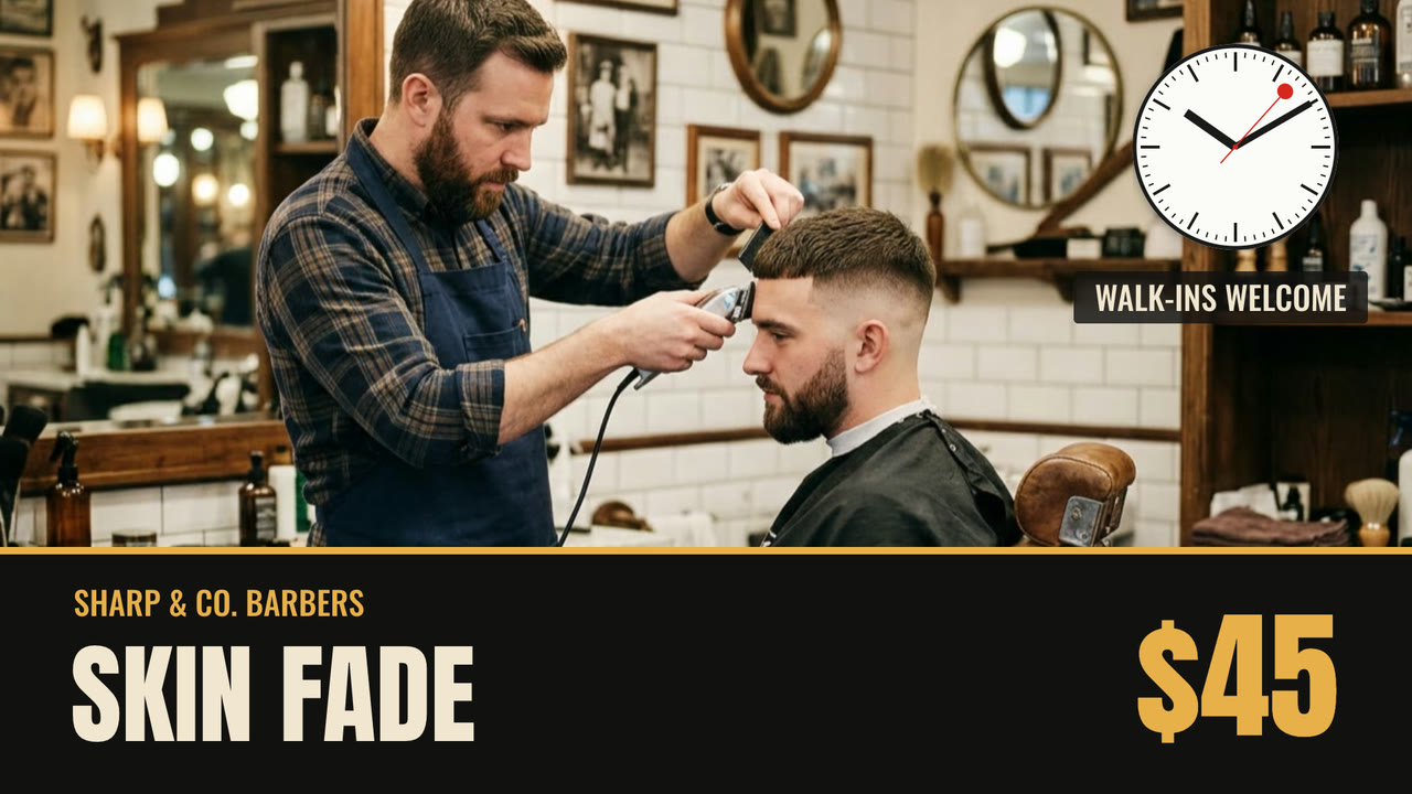A barbershop sign: a railway clock on the wall and a dark band with Skin fade $45