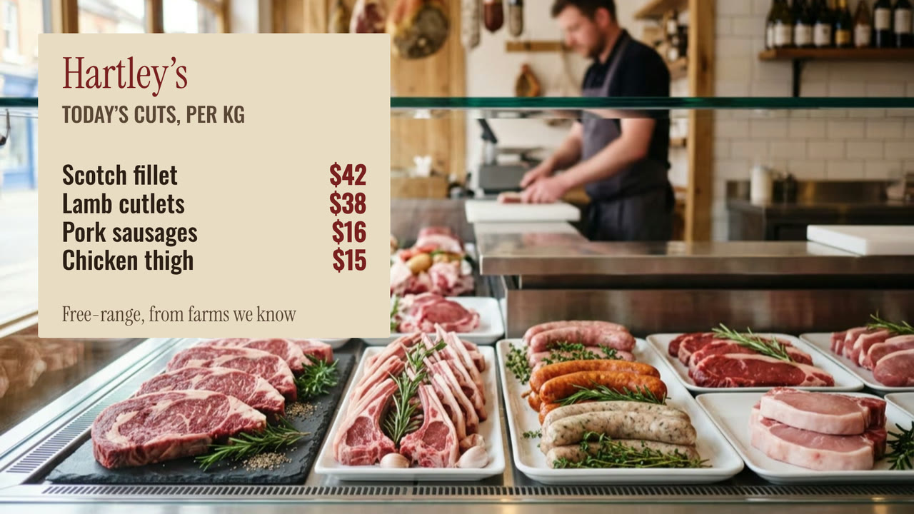 A butcher sign: today’s cuts and prices a kilo on butcher’s paper, over a photo of the meat counter