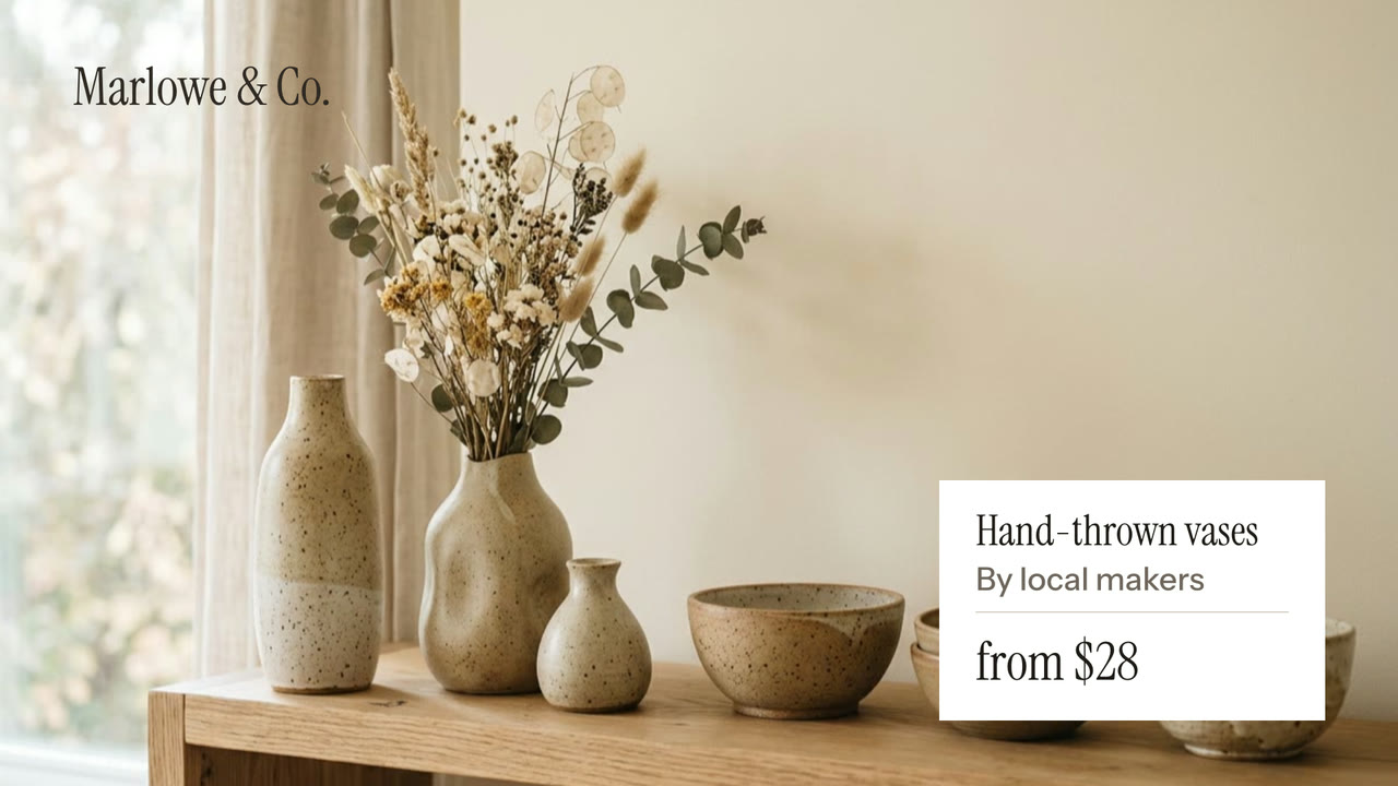 A shop sign: a gallery label, hand-thrown vases from $28, over a photo of the ceramics