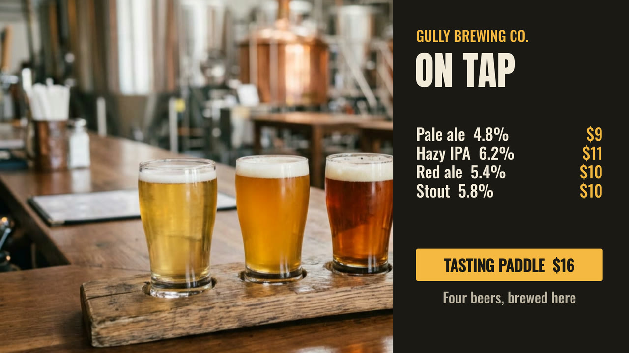A brewery sign: an On tap list with prices beside a photo of a tasting paddle
