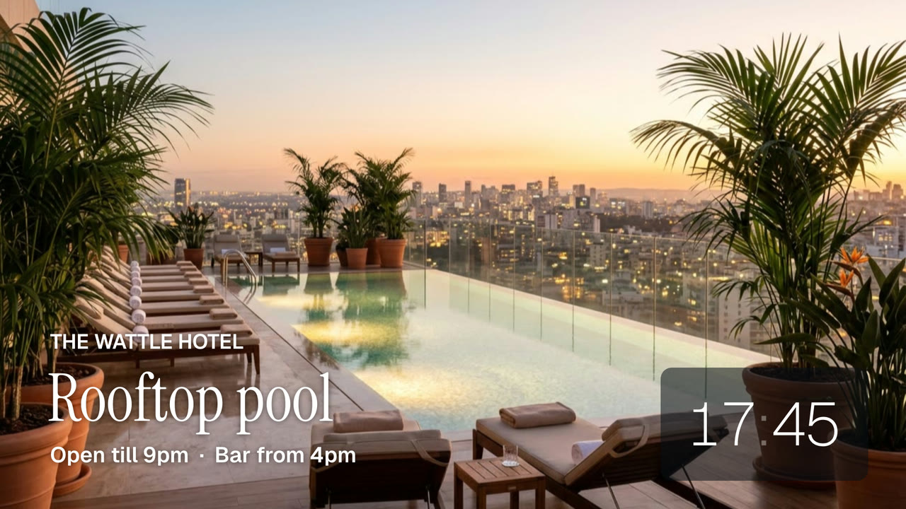 A hotel sign over a photo of the rooftop pool: Rooftop pool, open till 9pm, with the time