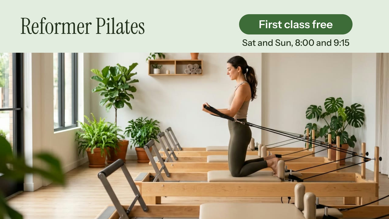 A gym sign: Reformer Pilates, first class free, in a green band over a photo of the studio