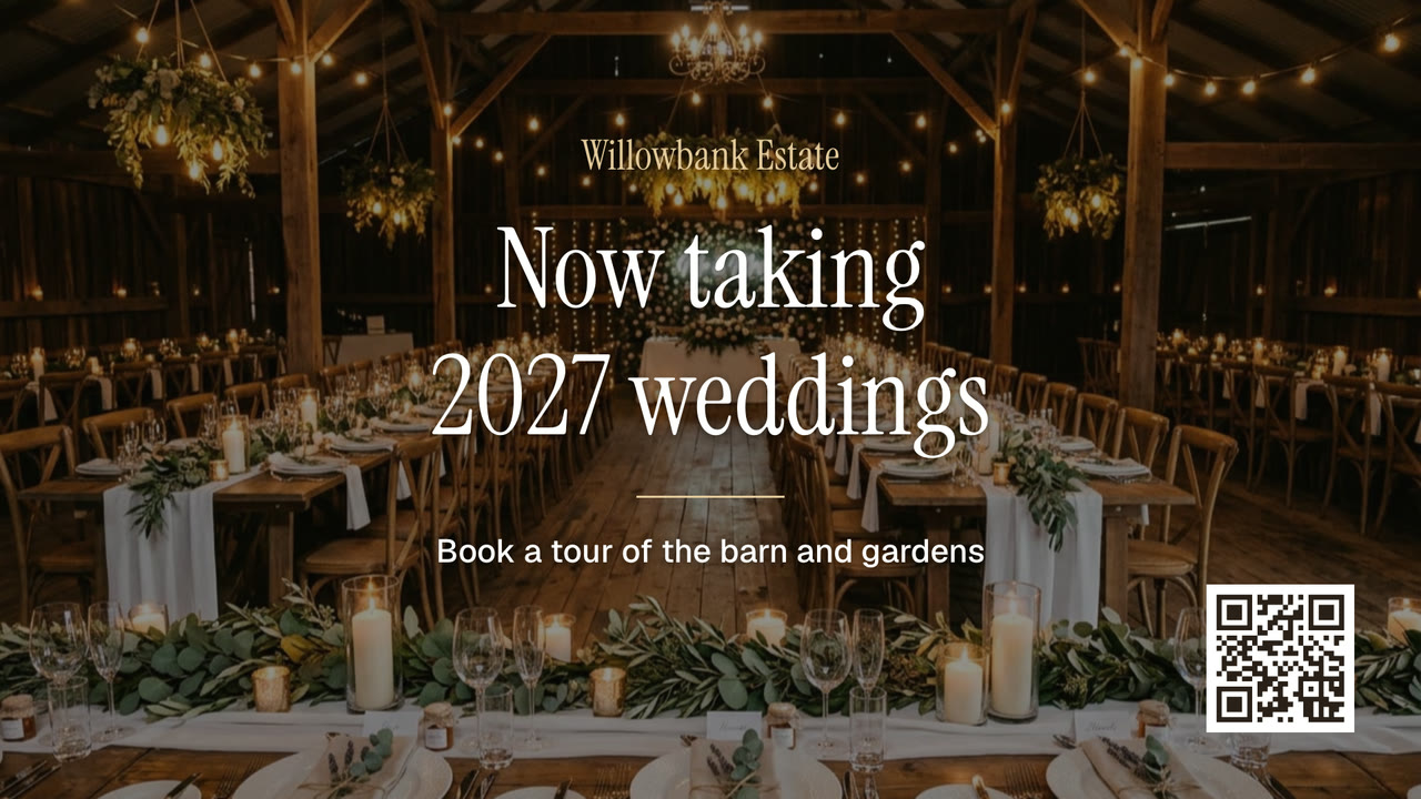 A venue sign over a photo of the barn set for a wedding: Now taking 2027 weddings, with a code to book a tour