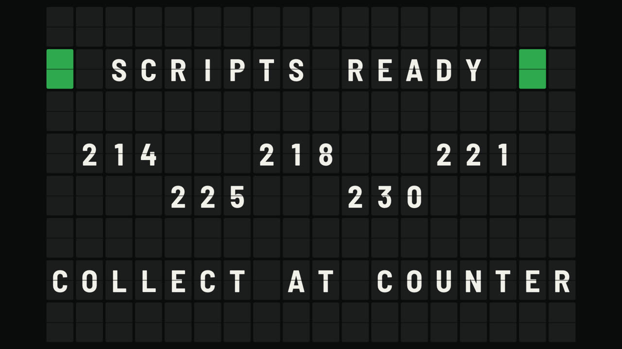 A split-flap board: scripts ready, 214, 218, 221, 225, 230
