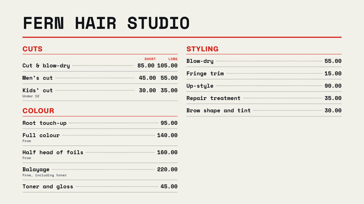 Price list, typewriter style