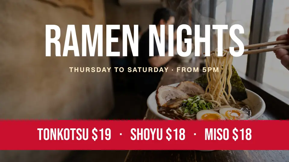 Design 2: a bold Ramen nights poster over the bowl, with the prices on a red band