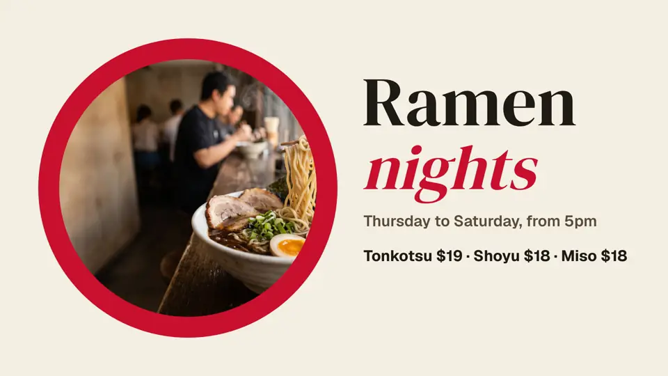 Design 3: a light Ramen nights sign on cream, the bowl in a circle on a red sun