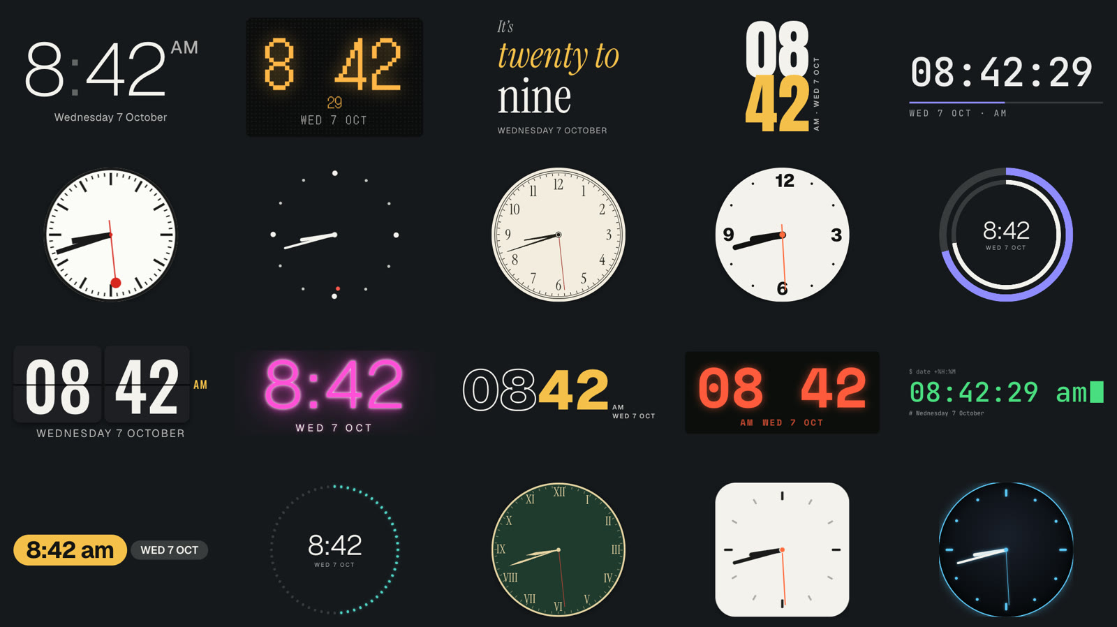 All twenty Dislab clock styles on one sign, digital and analogue