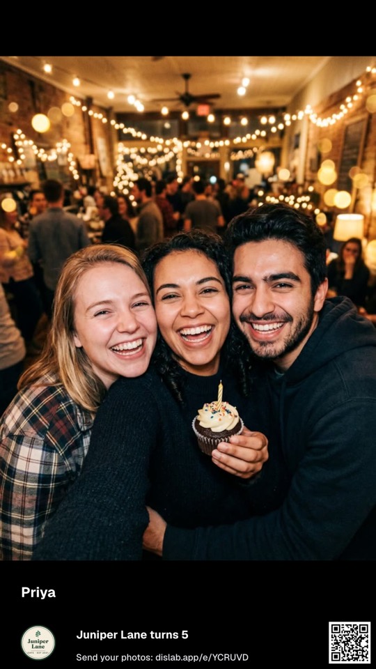 One guest photo at a time on a portrait screen, with the sender’s name and the bar along the bottom