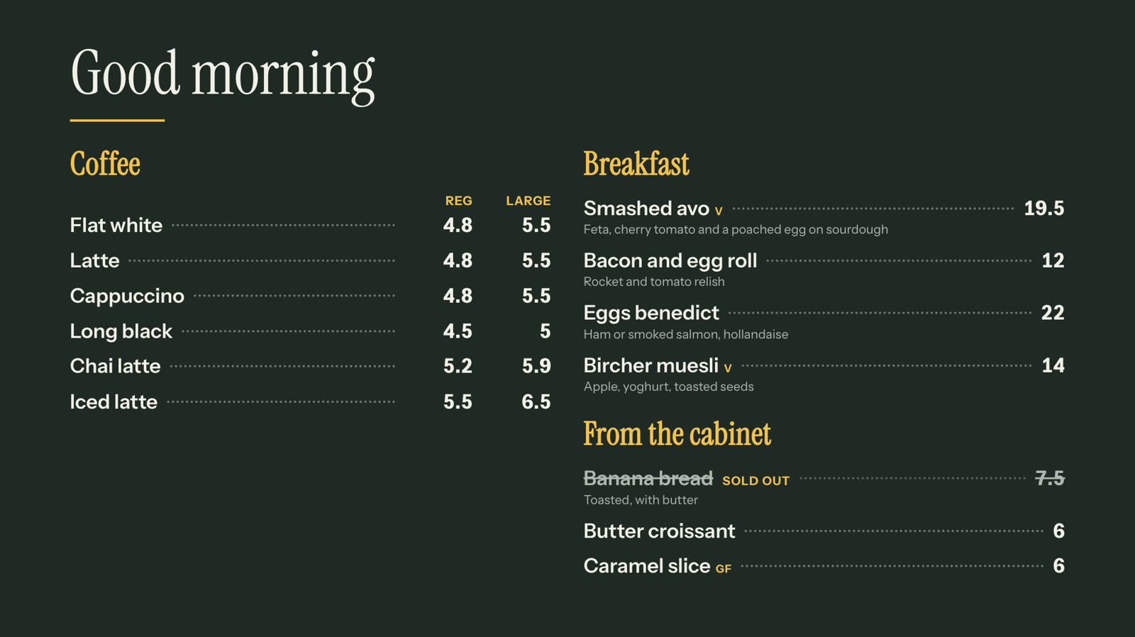 Café menu