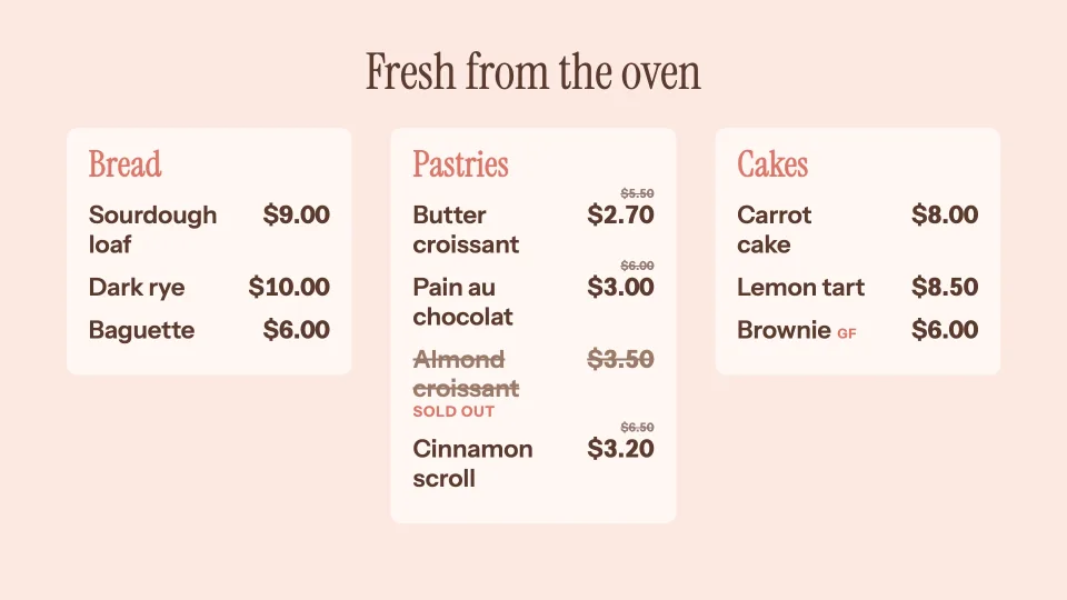 A bakery board in the last hour: pastries half price, each old price crossed out above the new one