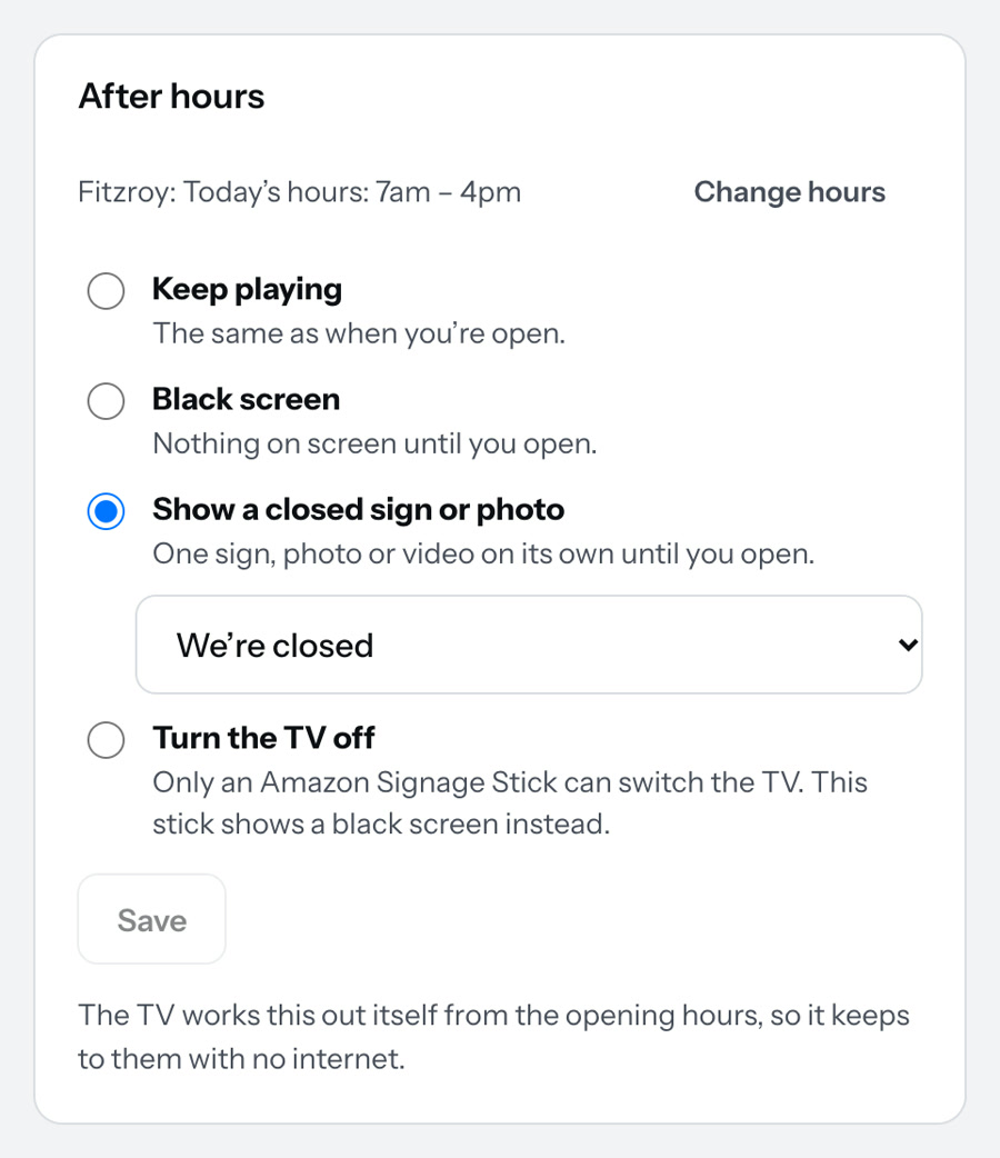The After hours setting on a screen: show a closed sign until you open