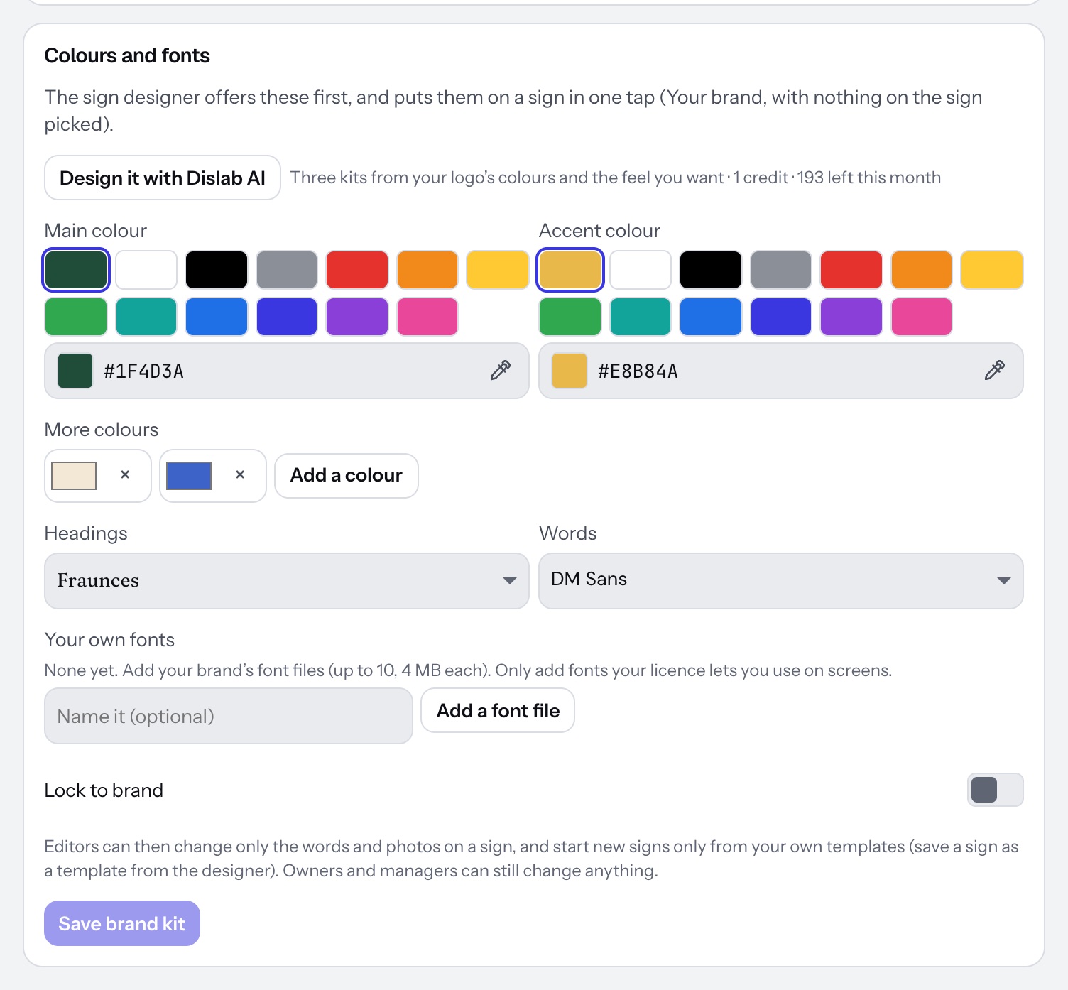 The Brand kit in Dislab’s settings: a main colour, an accent and more colours, Fraunces for headings and DM Sans for words, your own font files and Lock to brand