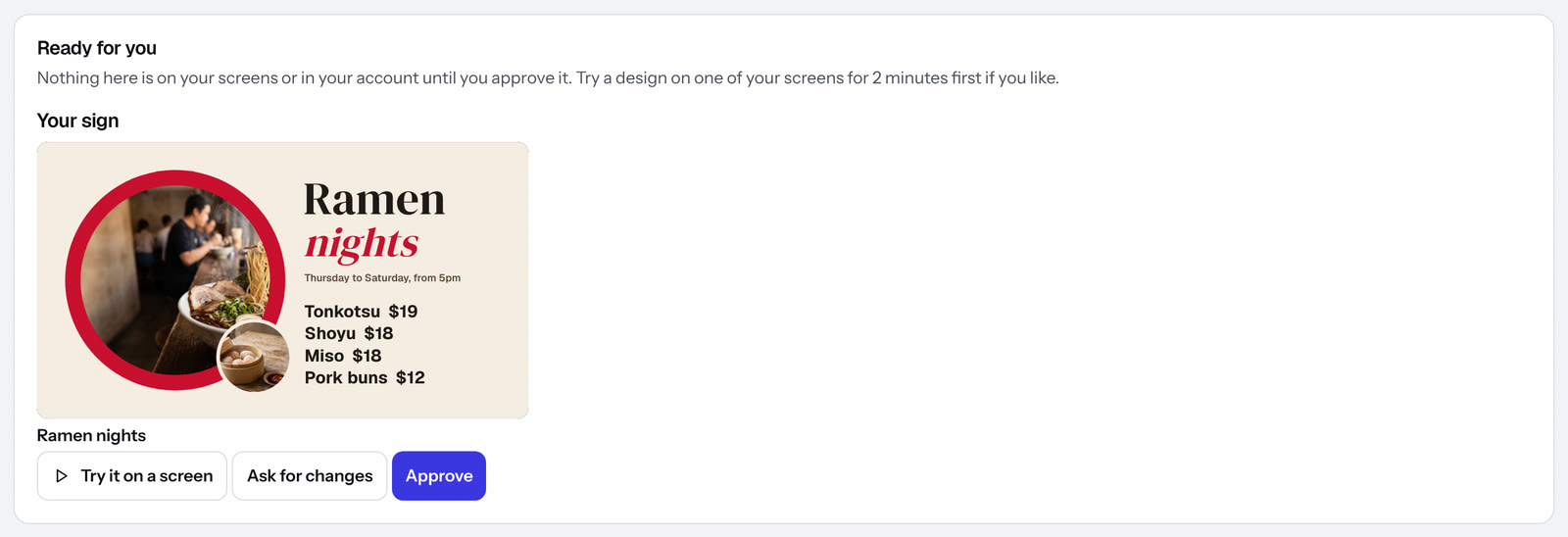 The changed design back for approval, with Try it on a screen, Ask for changes and Approve
