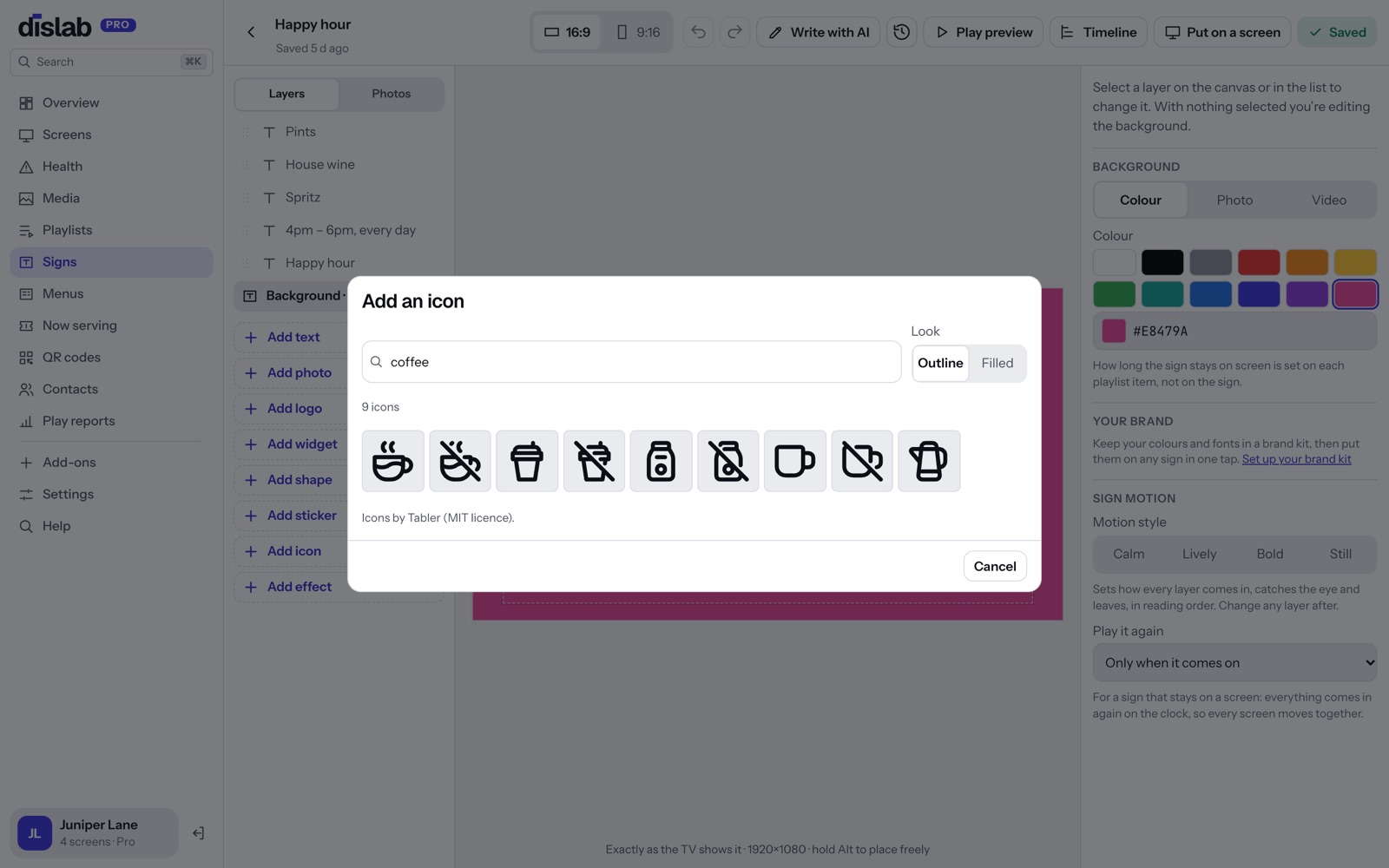 Searching for coffee in the icon picker