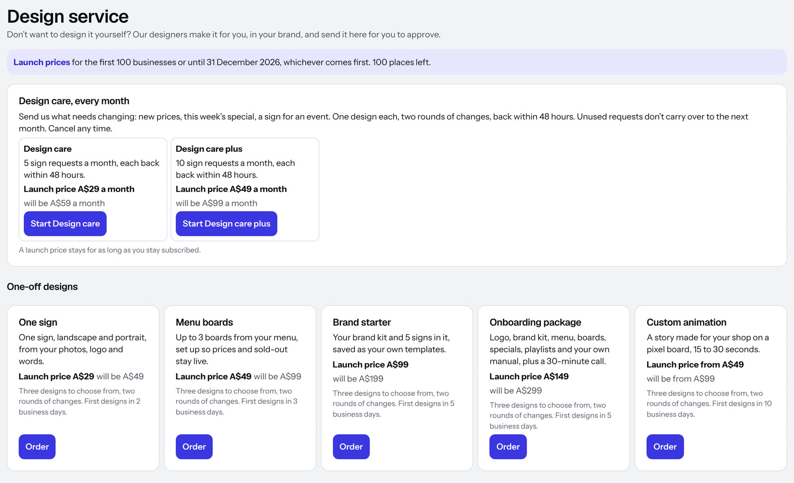 The Design service page in Dislab: Design care, and one-off designs from one sign to the onboarding package, with their launch prices