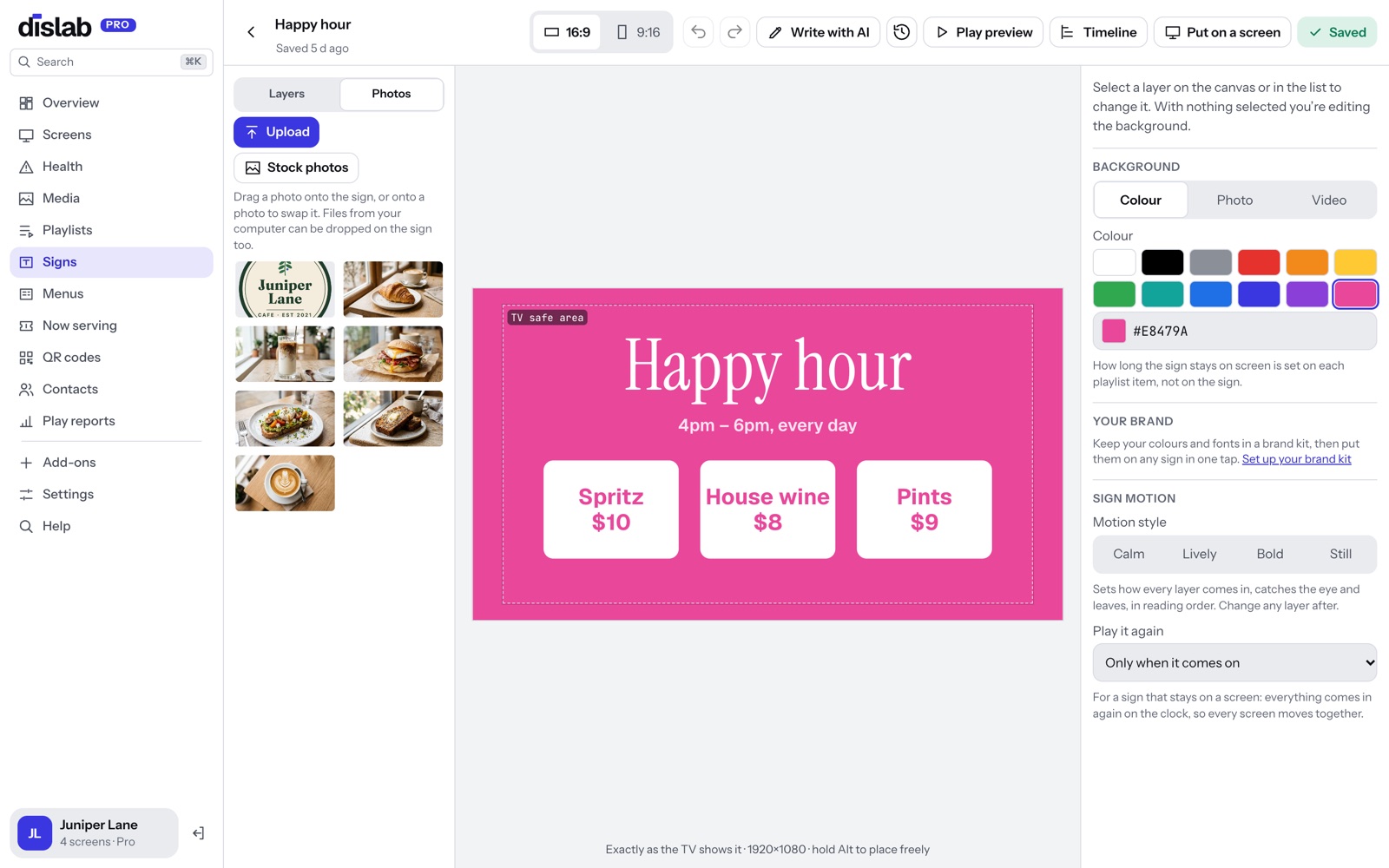 The Photos tab in the sign designer beside a happy hour sign
