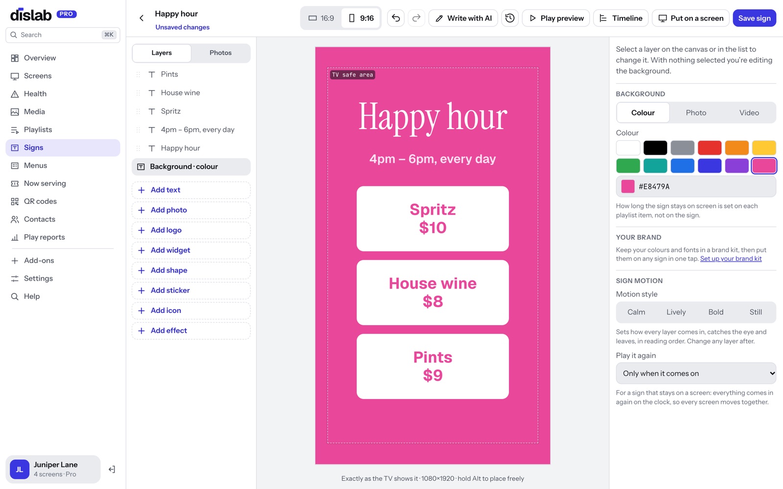 The happy hour sign switched to portrait, with its three prices one above another