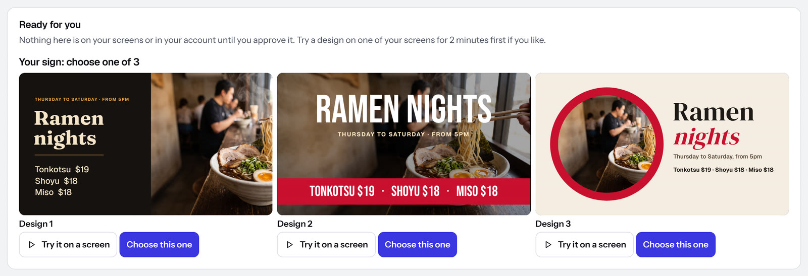 Three Ramen nights designs waiting to be chosen, each with Try it on a screen and Choose this one