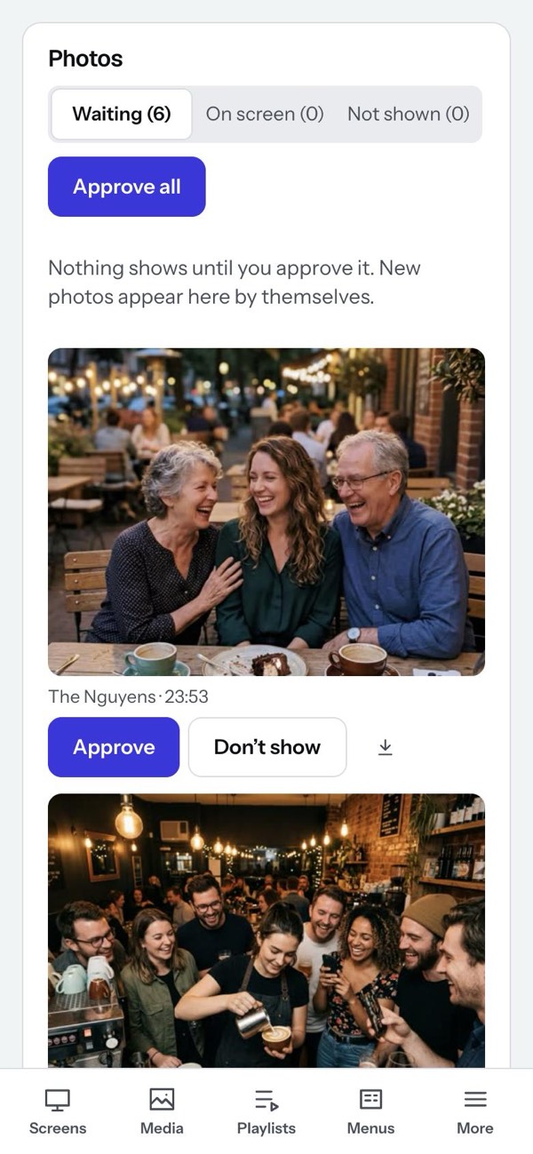 The same photos waiting on a phone: Approve all, and Approve or Don’t show under each photo