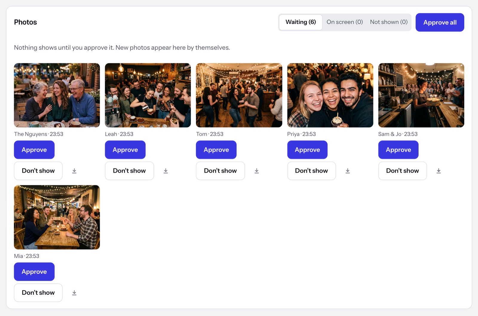 Six guest photos waiting for approval in the Dislab console, each with Approve and Don’t show