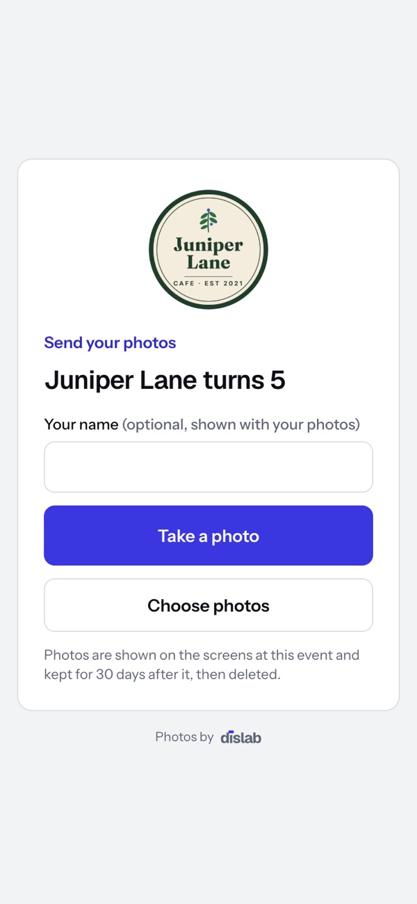 The page guests open on their phone: the cafe’s logo, the event’s name, their name, Take a photo and Choose photos