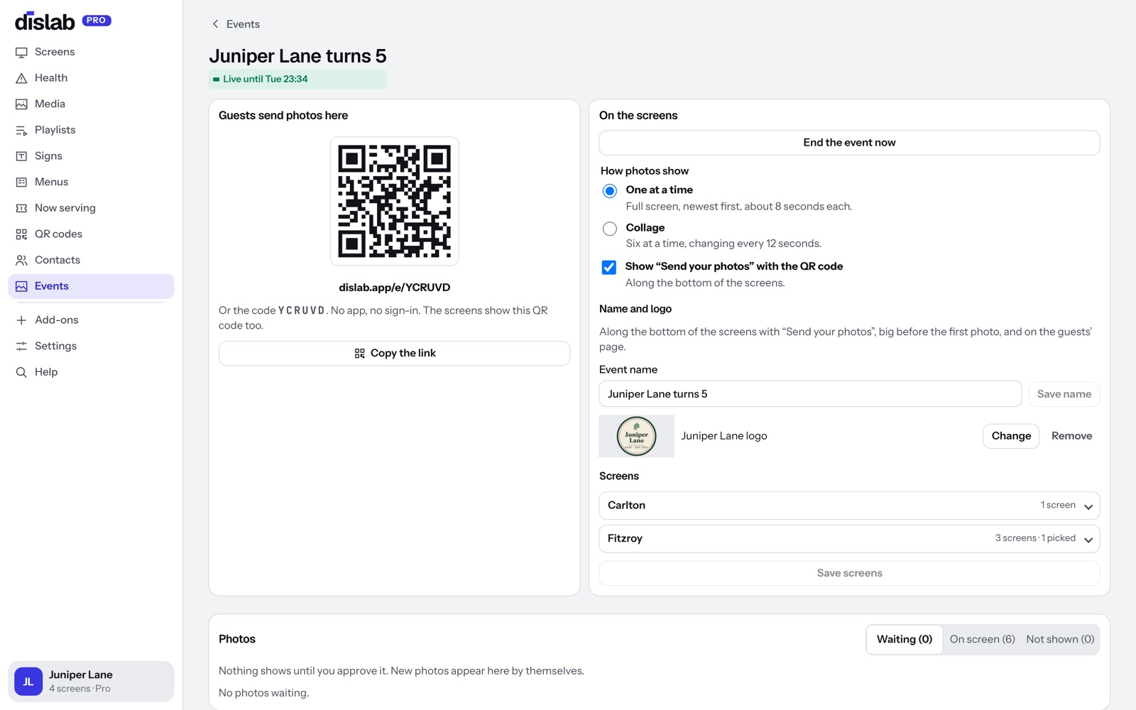 An event in the Dislab console: the QR code guests scan, how photos show, its name and logo, and the screens it plays on