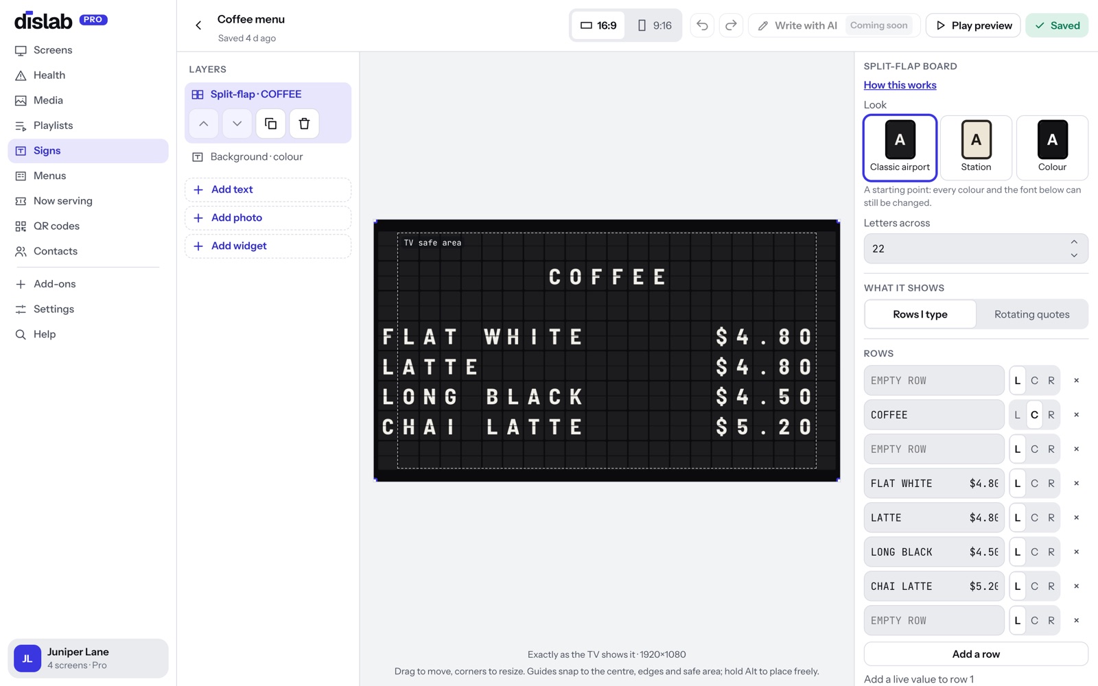 The split-flap settings in the Dislab sign designer: look, letters across and rows