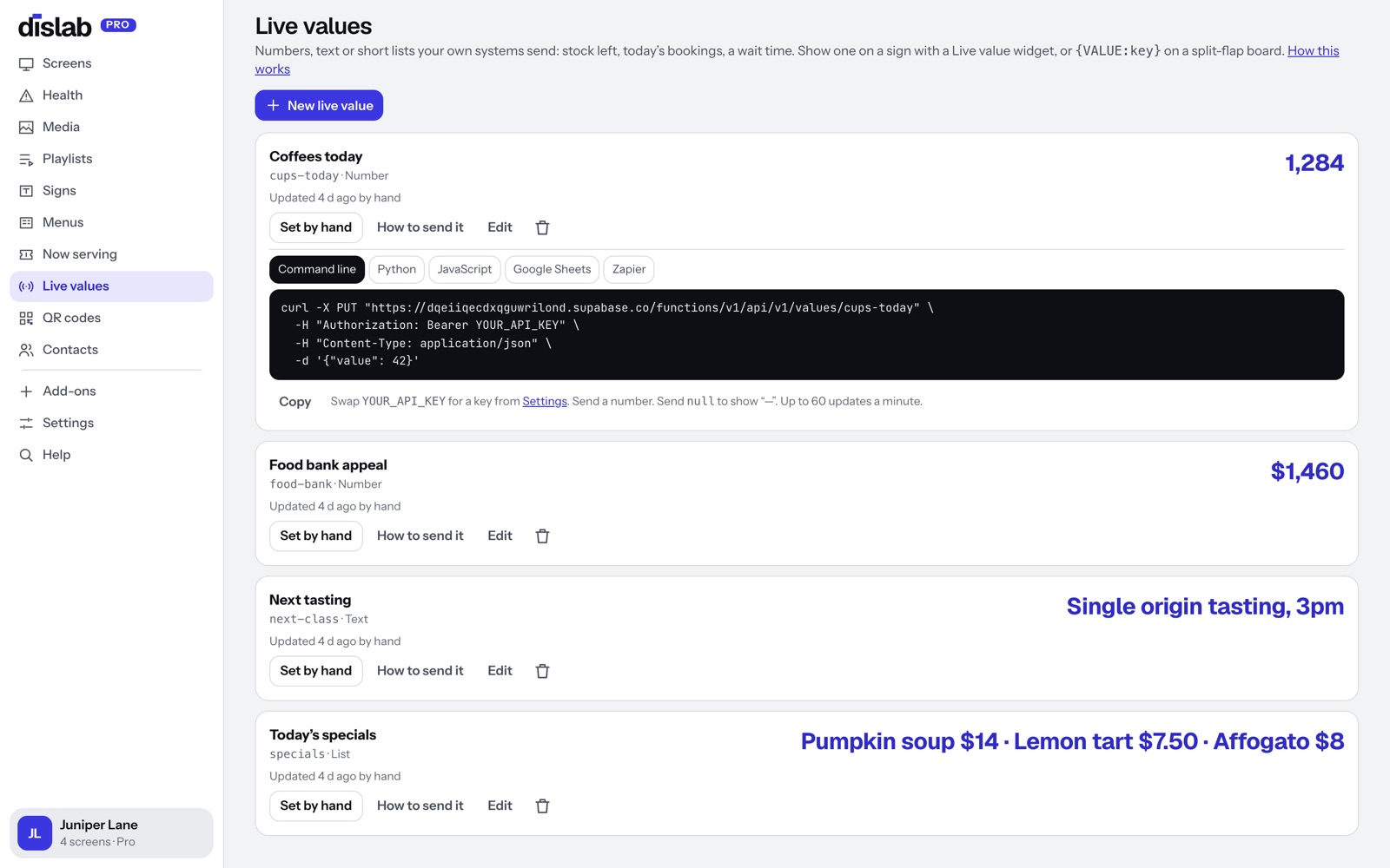 A Live value in the Dislab console with a copy-paste example of sending it