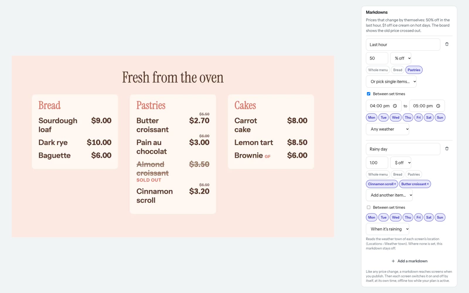 The Markdowns card in the Dislab menu editor beside a bakery board with half-price pastries