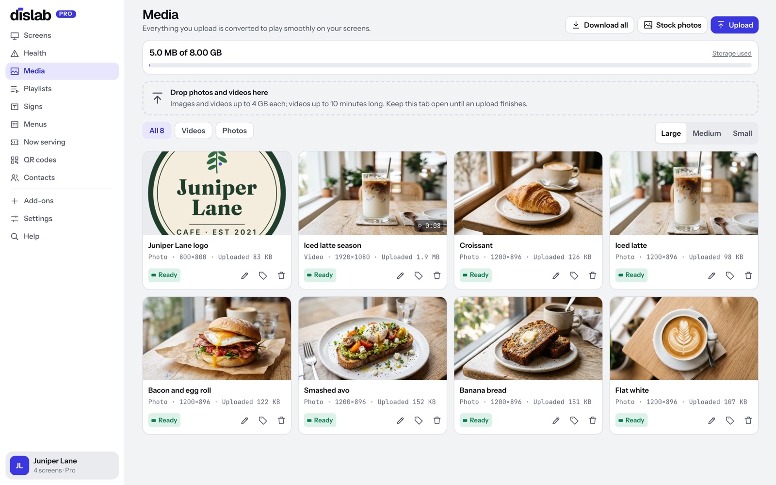 The Dislab media library with food photos and a video, each marked Ready