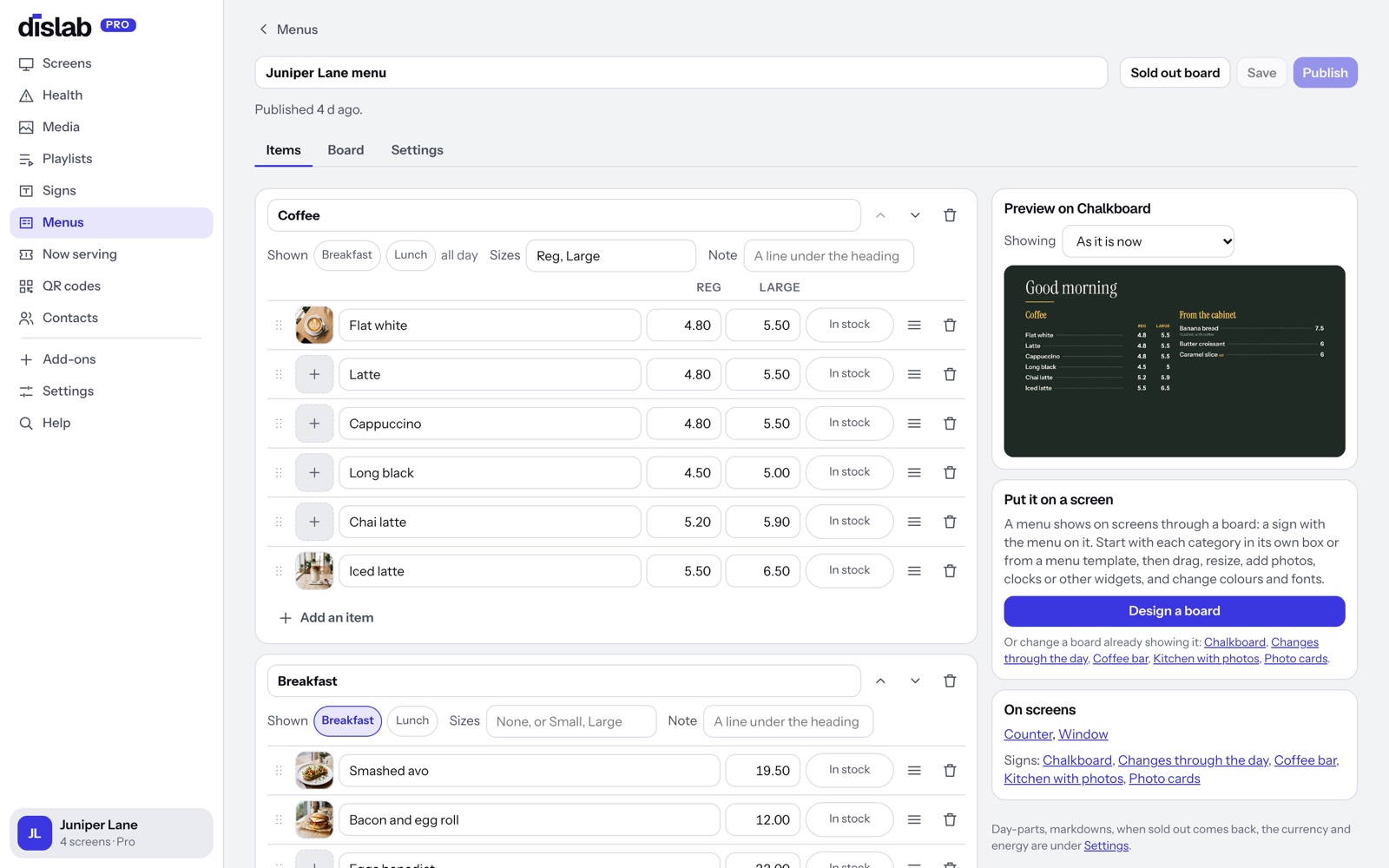 The Dislab menu editor with coffee prices in two sizes, photos and day-parts