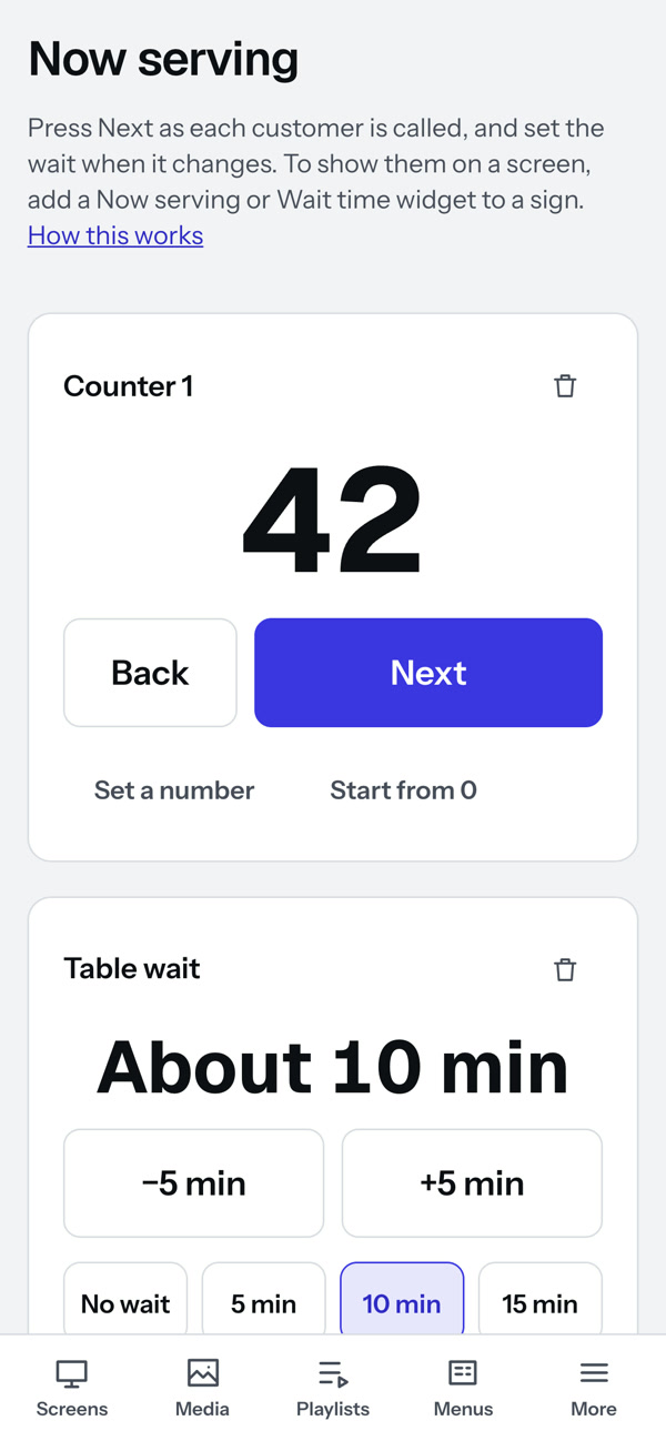 The Now serving page on a phone: number 42 with Back and Next, and a table wait of about 10 minutes