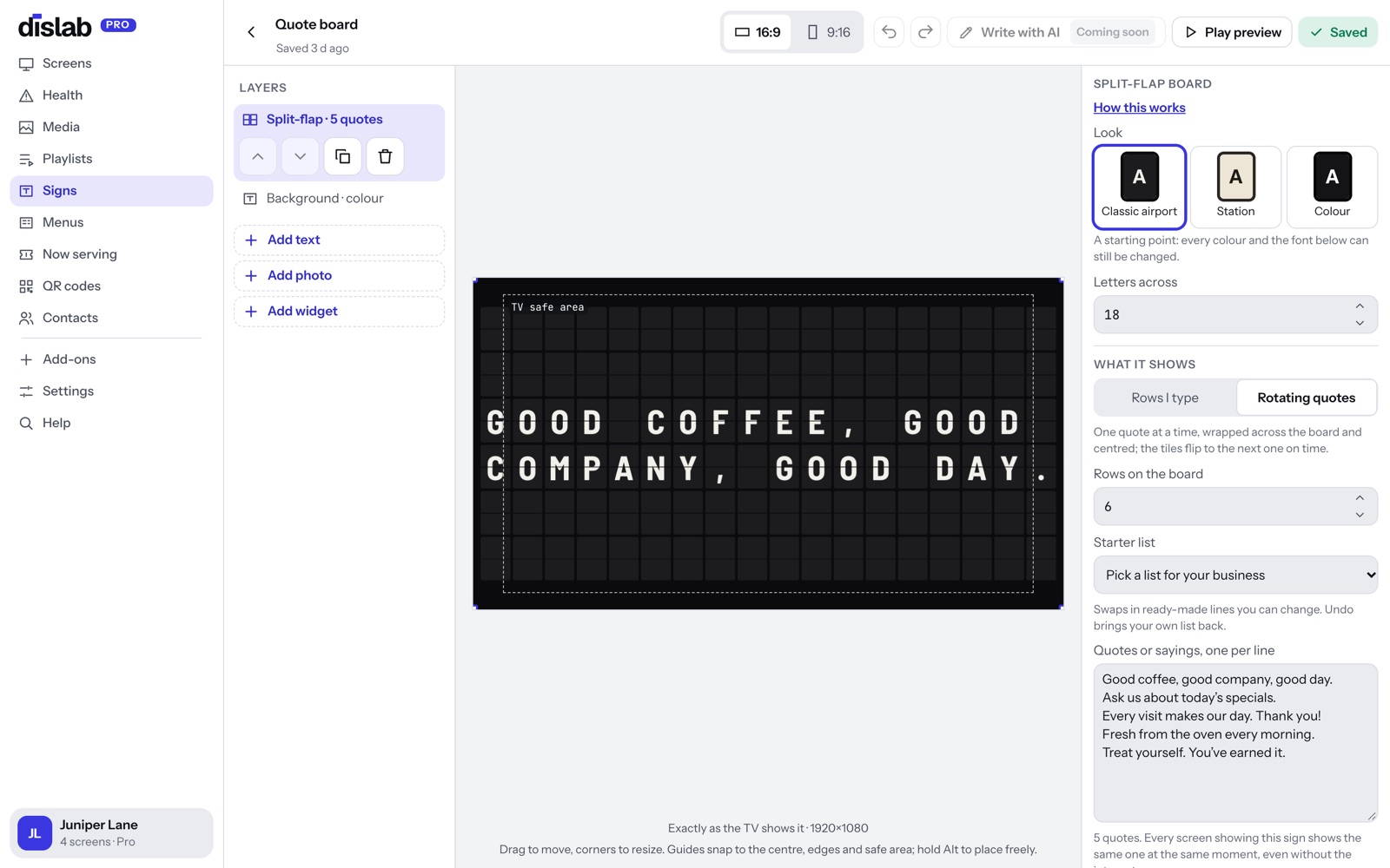 A split-flap board set to Rotating quotes in the Dislab sign designer