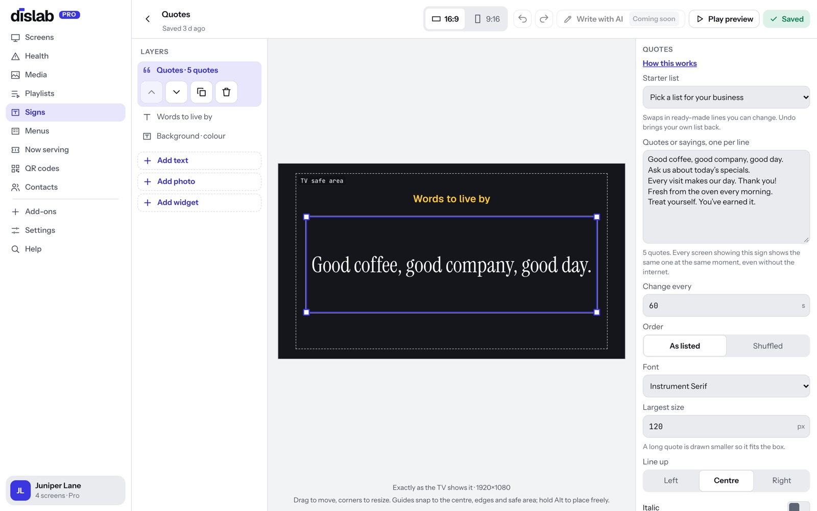 The Quotes settings in the Dislab sign designer: the list of quotes, how often they change, order and font