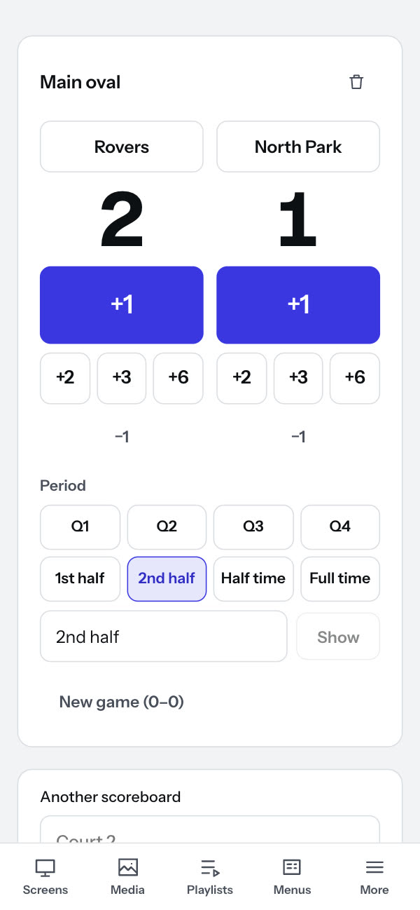 The Scoreboards page on a phone: Rovers 2, North Park 1, with +1, +2, +3 and +6 buttons for each team and the period set to 2nd half