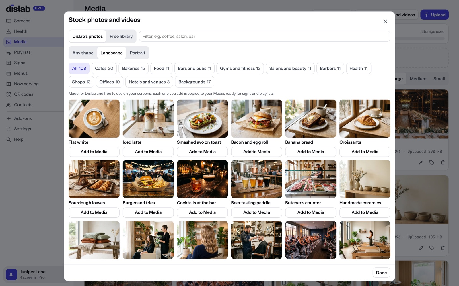 Dislab’s stock photos in the console, sorted by kind of business, each with Add to Media