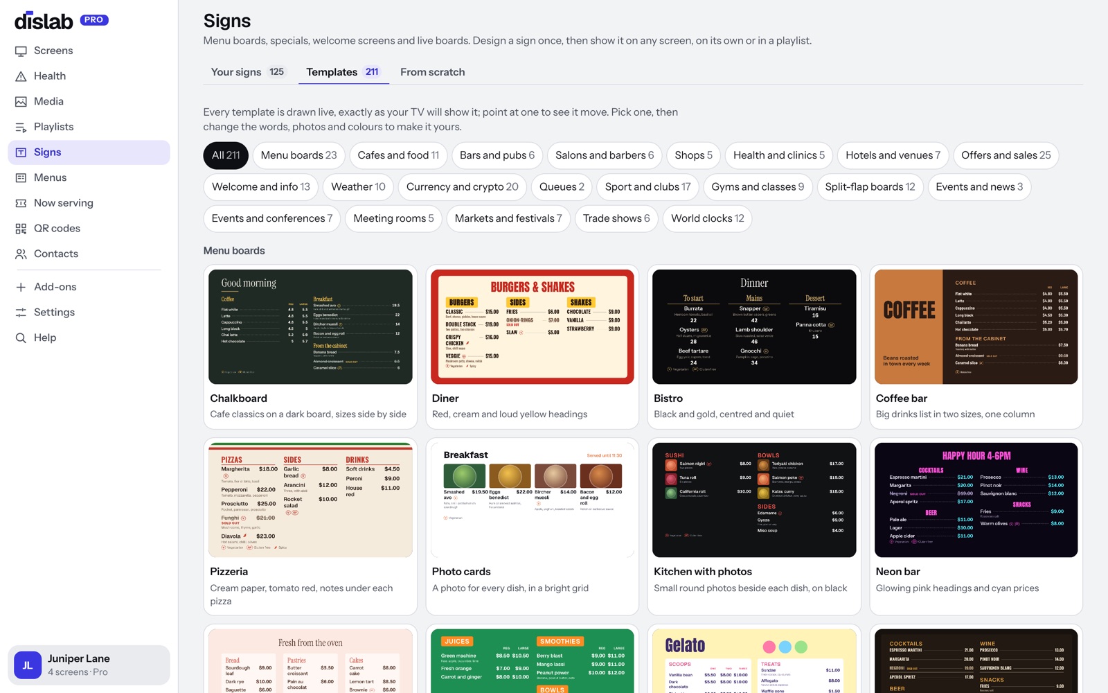 The template gallery in Dislab: 23 menu boards and 23 offers