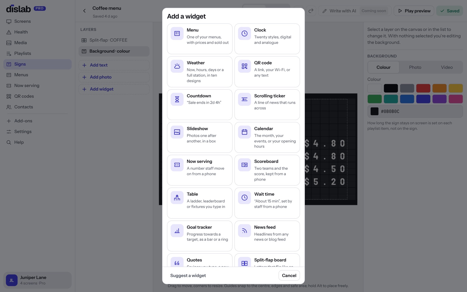 The Add a widget list in the Dislab sign designer