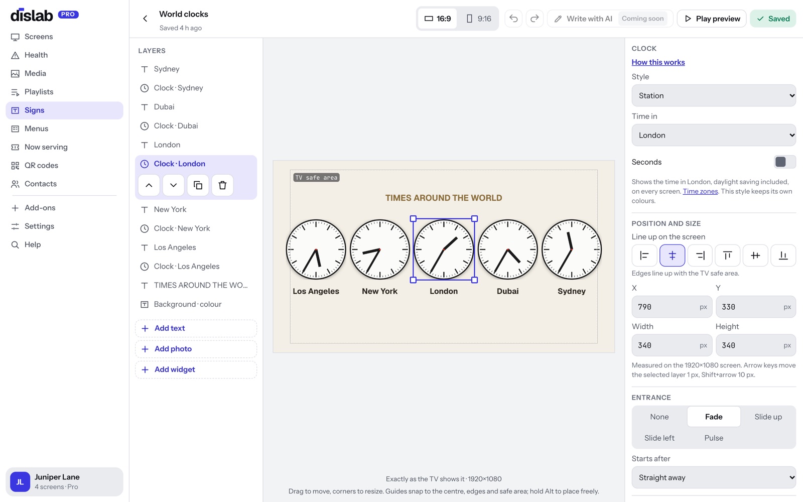 A clock selected in the Dislab sign designer, with Time in set to Hong Kong