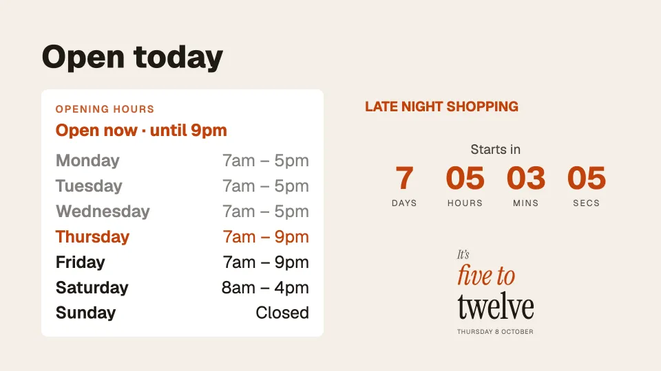 Opening hours and a countdown
